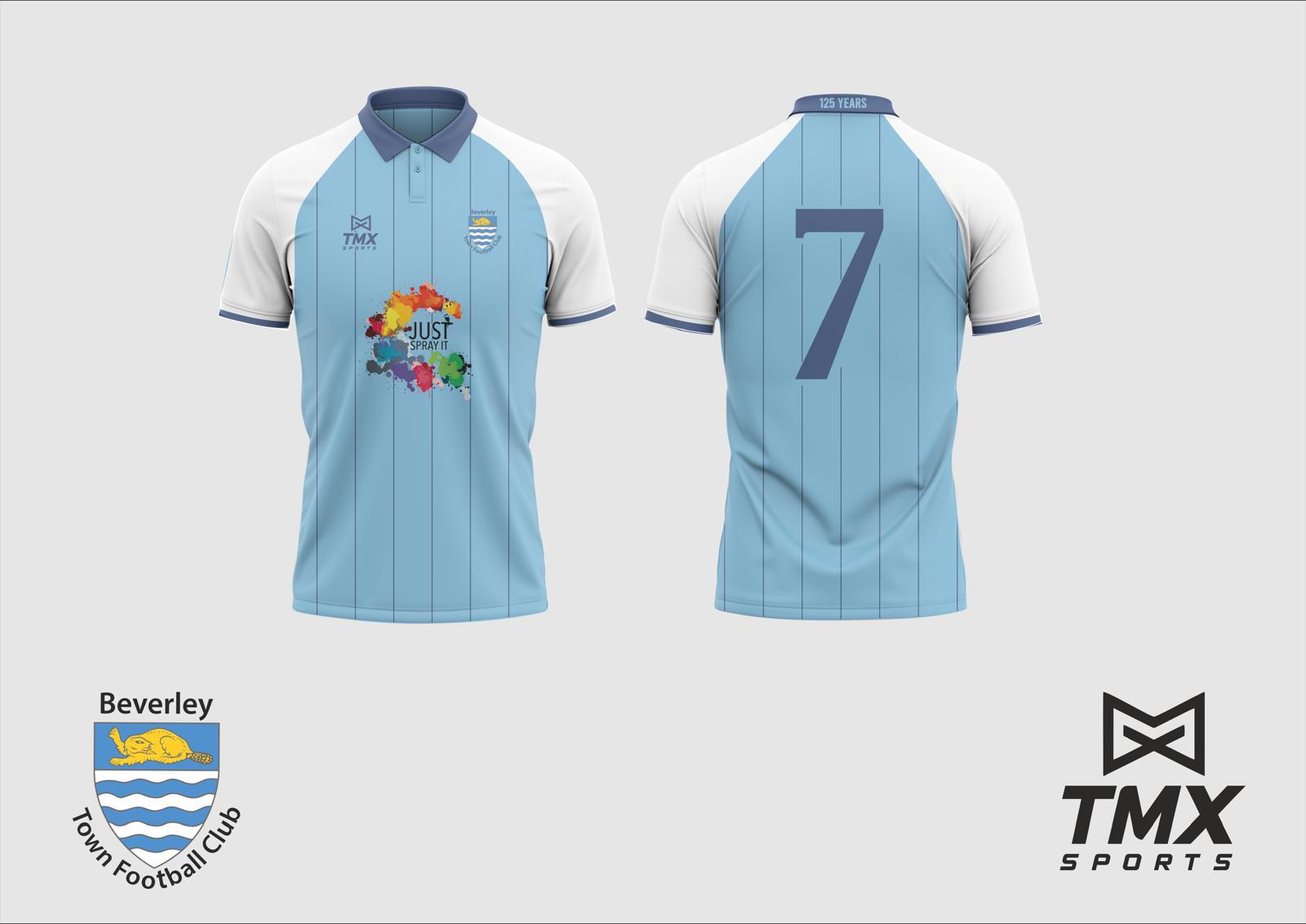 Beverley Town Bullets U7s football kit featuring Just Spray It sponsorship